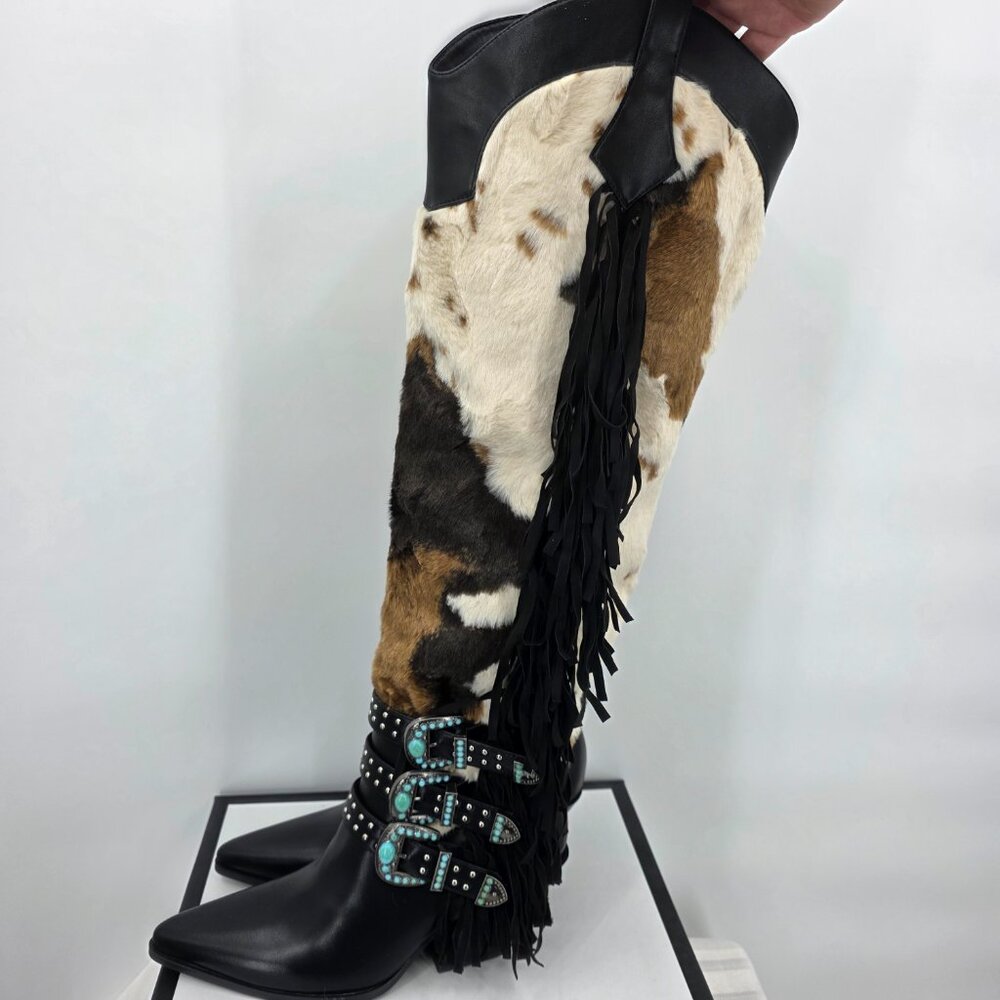 AZALEA WANG Gwayne Cow Print Knee High Fringed Western Boot Buckles 7-11 NWT - Picture 11 of 15